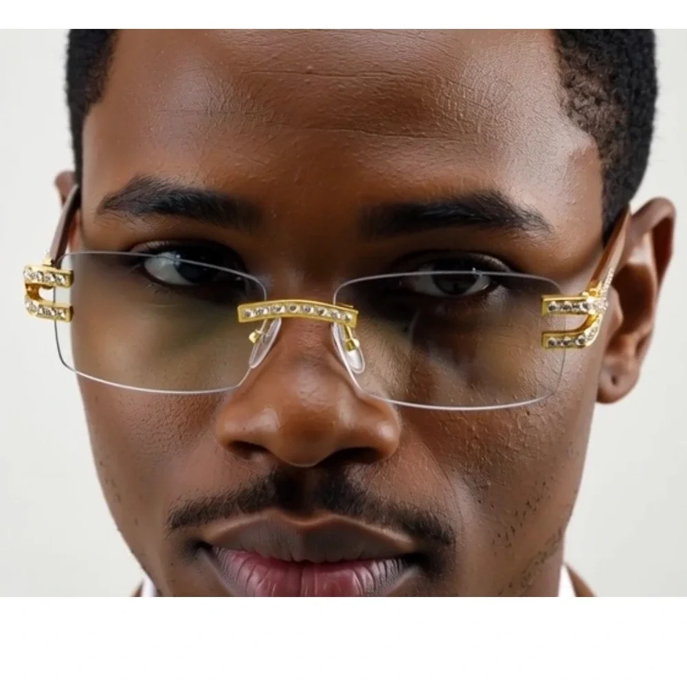 Rimless Sunglasses Men Gold Clear Lens Wood Grain Arm Fashion Eyewear‎ Rap Music